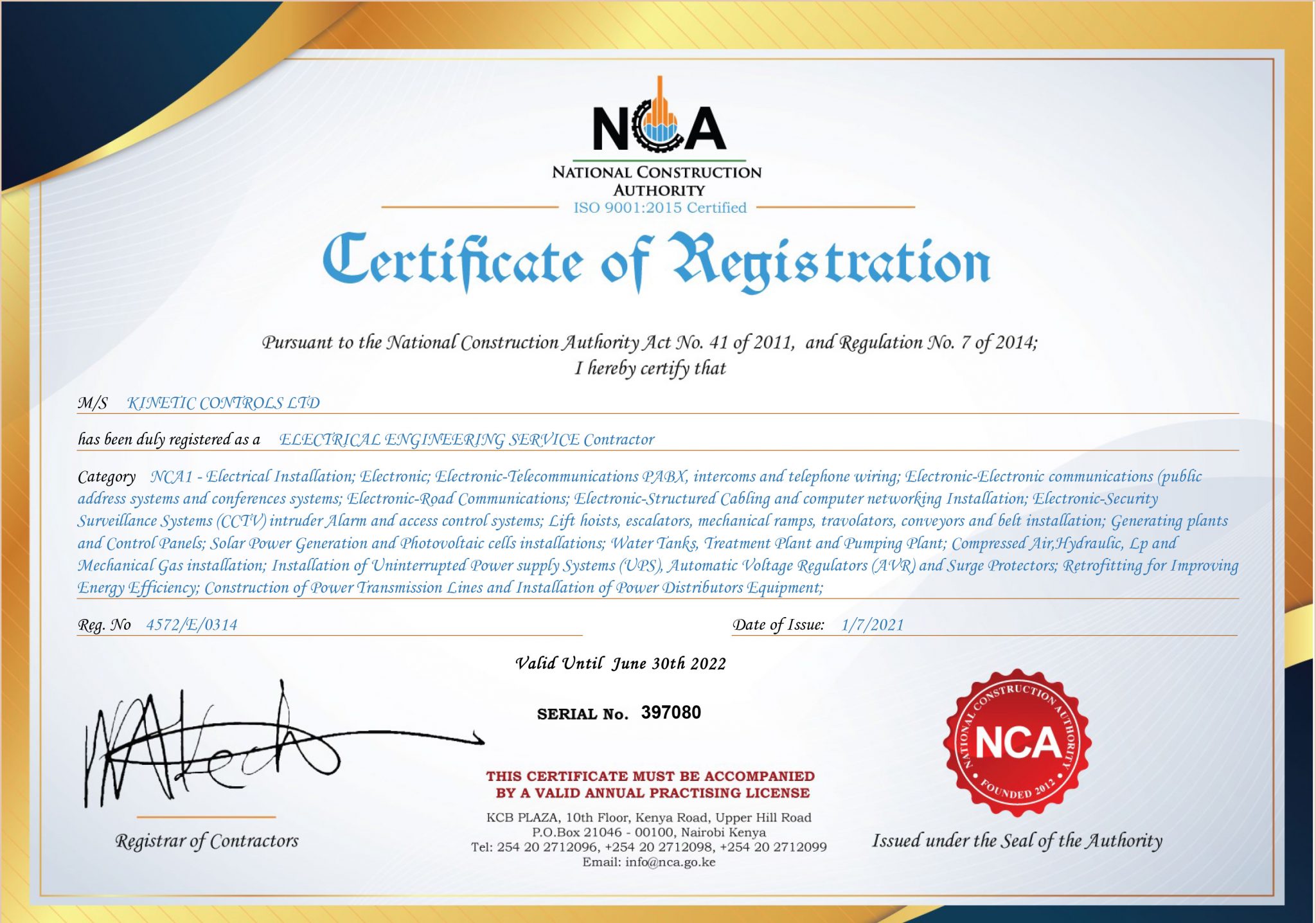 National Construction Authority (NCA) Certifications - kineticontrols